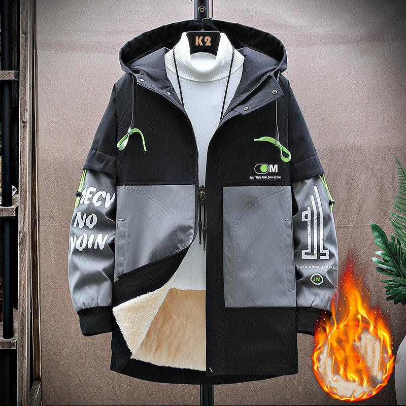 Teen fleece-lined windbreaker jacket, black with green accents and chest logo patch