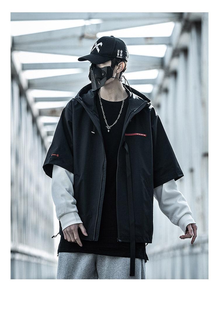 Black hooded windbreaker jacket with contrasting white sleeve cuffs, front open