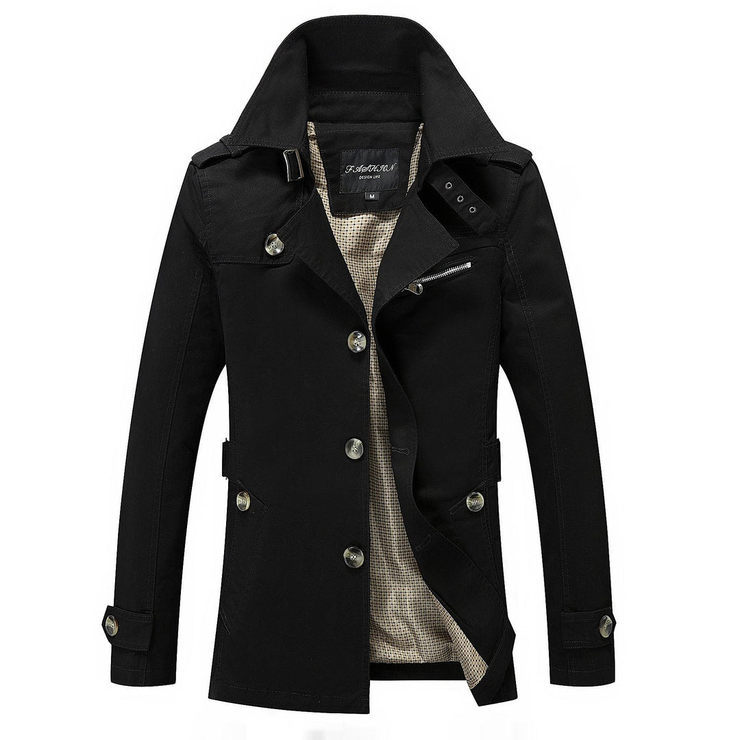 Men's black trench coat jacket with double-breasted buttons and hood