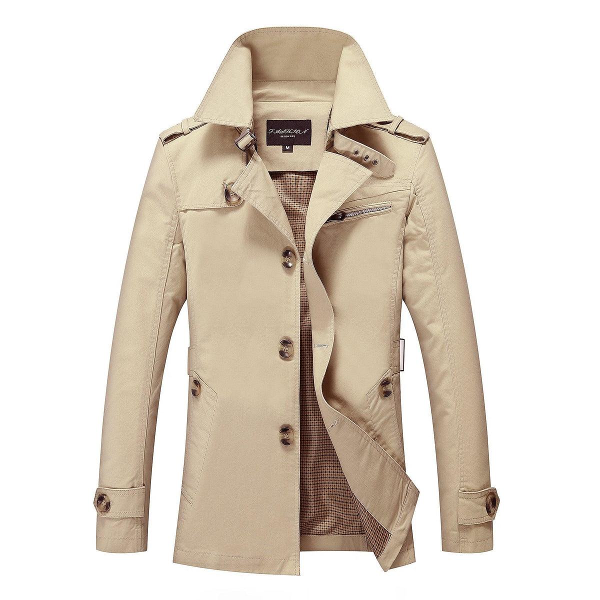 Men's beige trench coat jacket with double-breasted buttons and stand collar