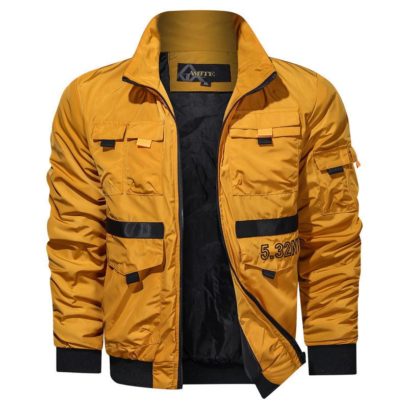 Men's yellow stand-up collar jacket with chest pockets and zip front.