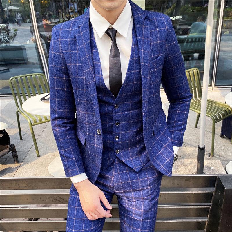 Blue plaid casual blazer with notch lapels, two-button front, and chest pocket