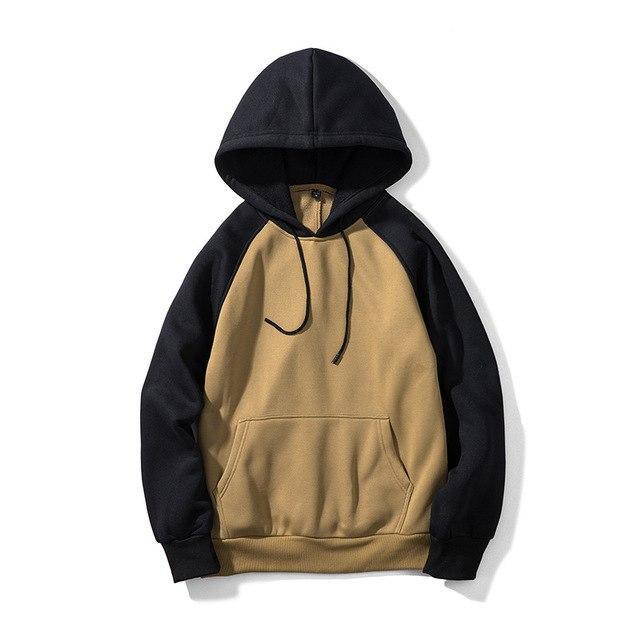 Black-and-khaki hooded sweatshirt with front kangaroo pocket and drawstring cords.