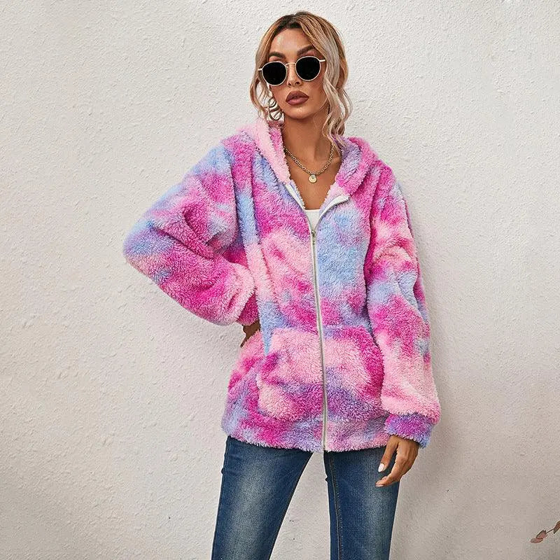Pink and blue tie-dye hooded zip jacket, long sleeves