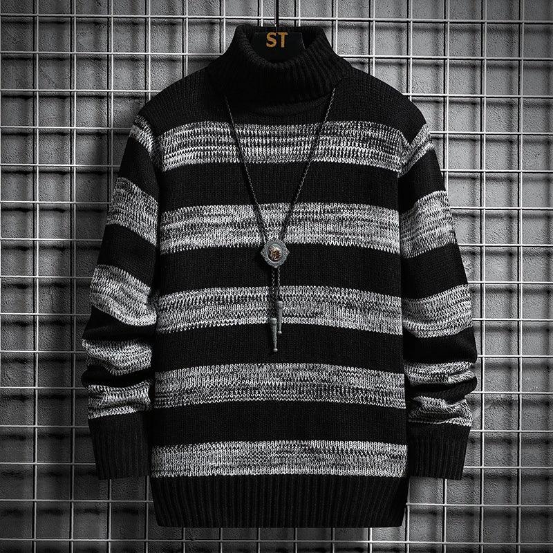 Black striped knit pullover sweater with high turtleneck, long sleeves and button placket