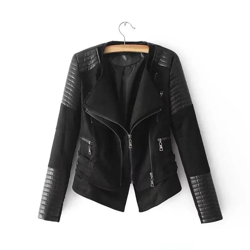 Stitching cropped leather jacket - WOMONA.COM