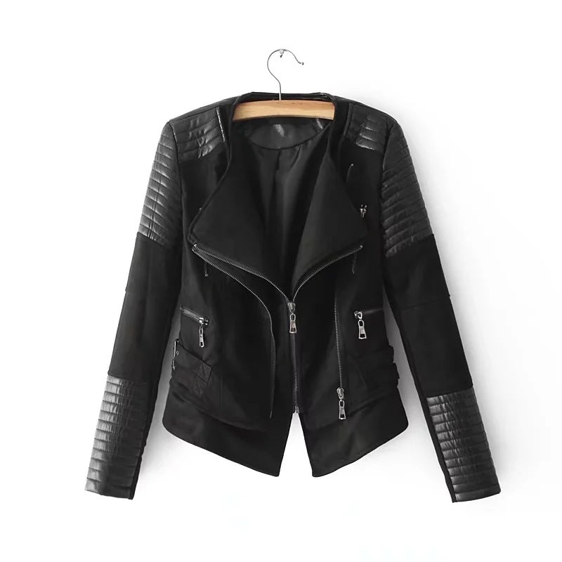 Stitching cropped leather jacket - WOMONA.COM