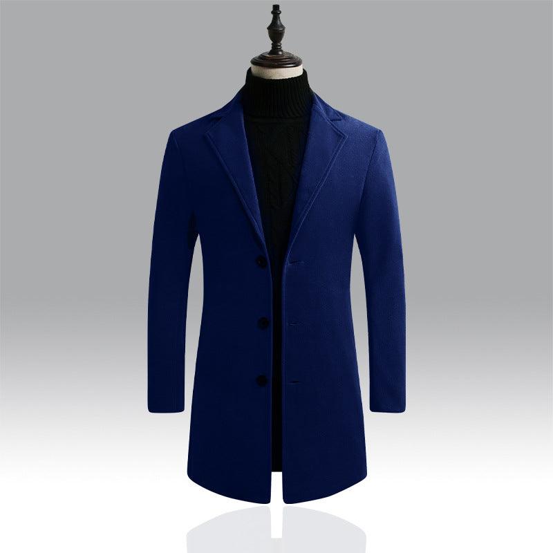 Men's long trench coat in royal blue, notched lapels, button front.