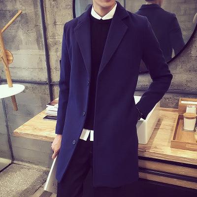 Navy single-breasted trench coat with notched lapel and button-front, long sleeves