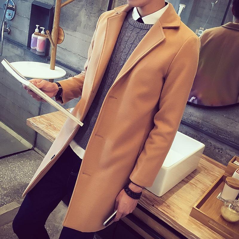 Camel tan single-breasted trench coat with notched lapel and button-front