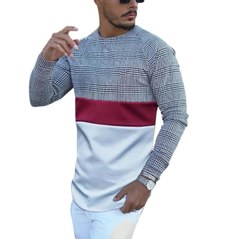 Men's round-neck long-sleeve t-shirt, checked upper with maroon band and white body