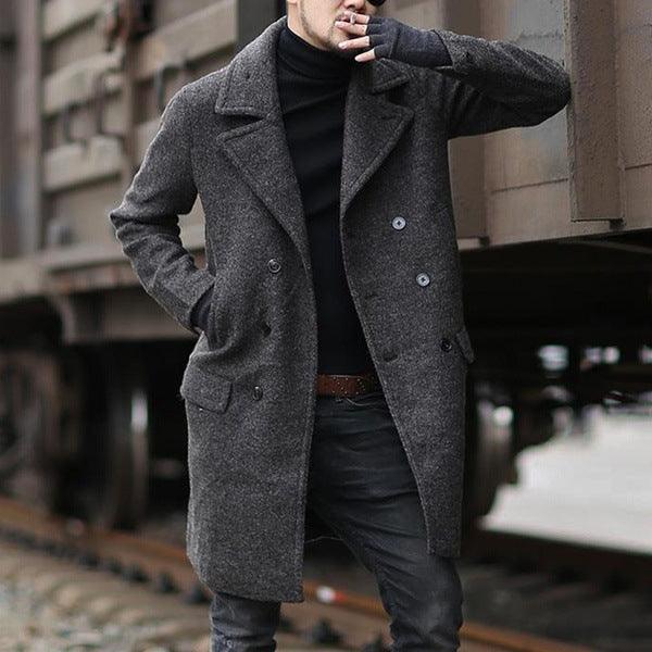 Men's dark gray wool trench coat with notched lapels, double-breasted buttons, chest pockets