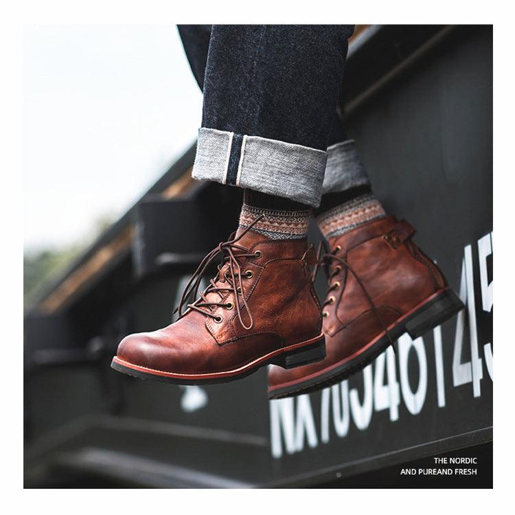 Retro Boots Men Lace-up Leather Ankle Boots - WOMONA.COM