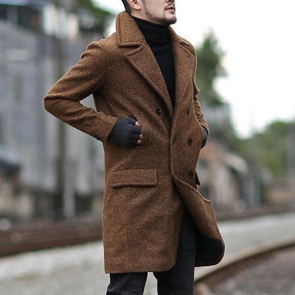Men's camel-brown wool trench coat with notched lapels, double-breasted buttons, pockets