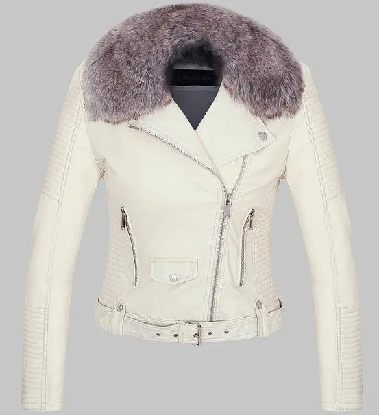 Faux leather moto jacket with gray faux-fur collar, front zipper, and zip pockets, cream.