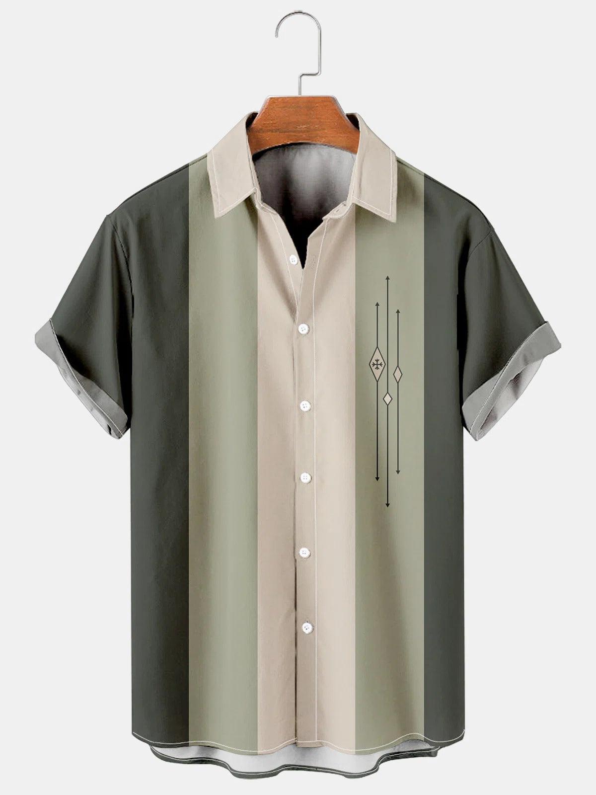 Front view of green Hawaiian-style button-up shirt with beige center stripe and chest emblem