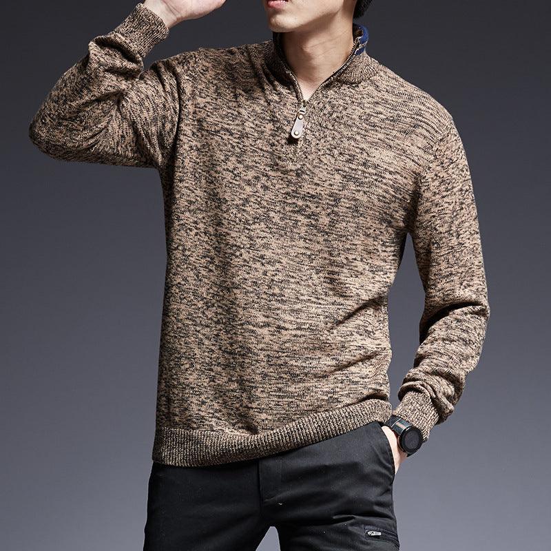 Men's heather brown knit half-zip sweater with ribbed cuffs and hem