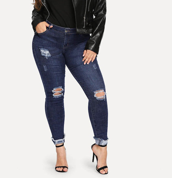 Shredded plus size women's feet jeans - WOMONA.COM