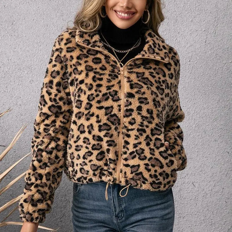 Ladies leopard print furry zip jacket with lapel collar and full-length zipper