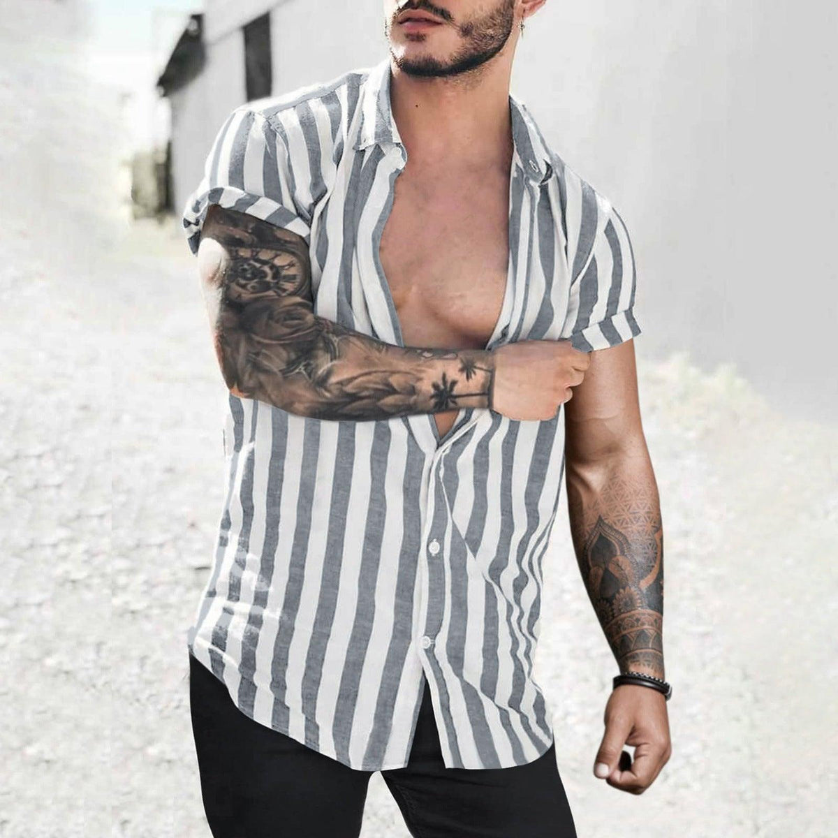 Gray and black striped short-sleeve open-front shirt with button placket and collar