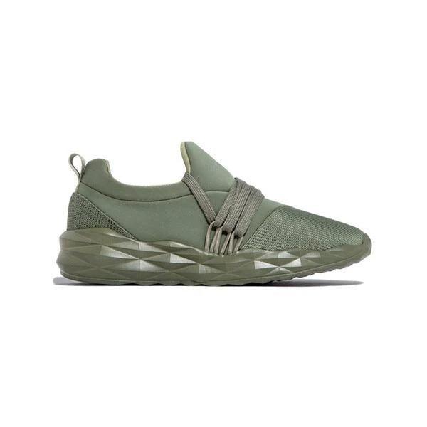 Olive green mesh knit lace-up sneakers with woven side detailing