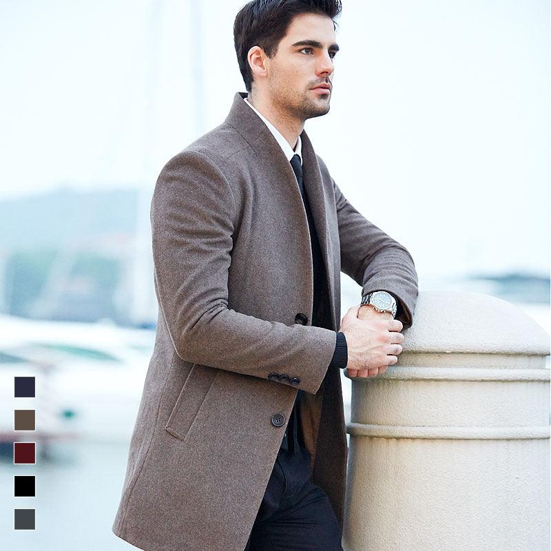 Men's grey wool trench coat, single-breasted with notch lapels and quilted lining