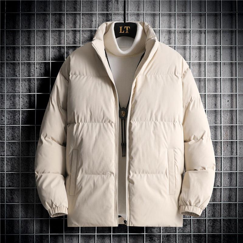 Men's loose cotton jacket, off-white puffer style with full zip and hoodless stand collar