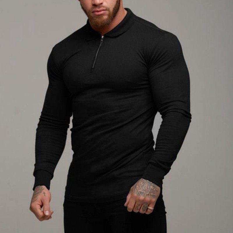 Men's long-sleeve polo shirt, black, zip stand collar with long sleeves