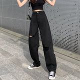 Black Wide Leg Ripped Summer Jeans - WOMONA.COM