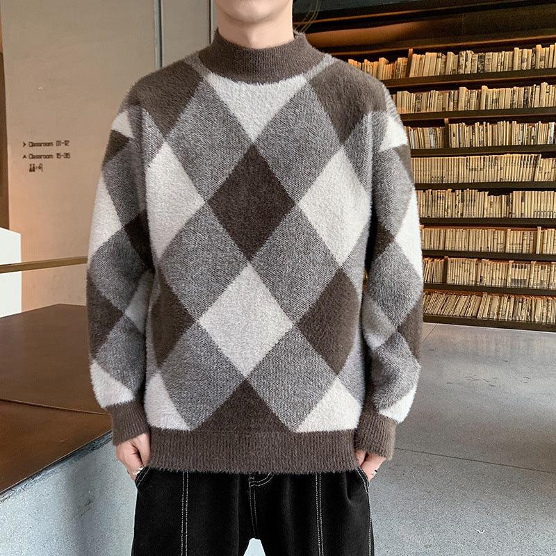 Men's half-turtleneck sweater in brown and white argyle diamond knit pattern