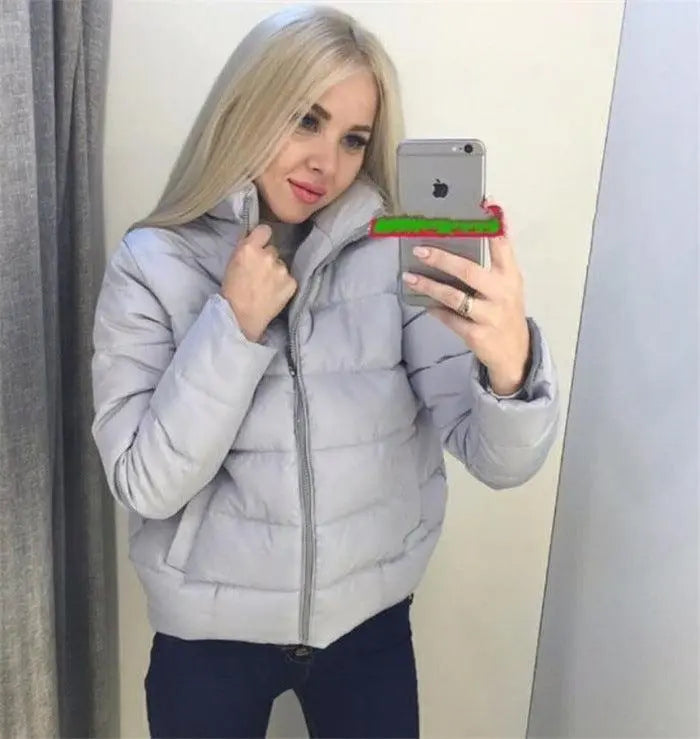 Light gray padded cotton coat with zip front, stand collar, long sleeves