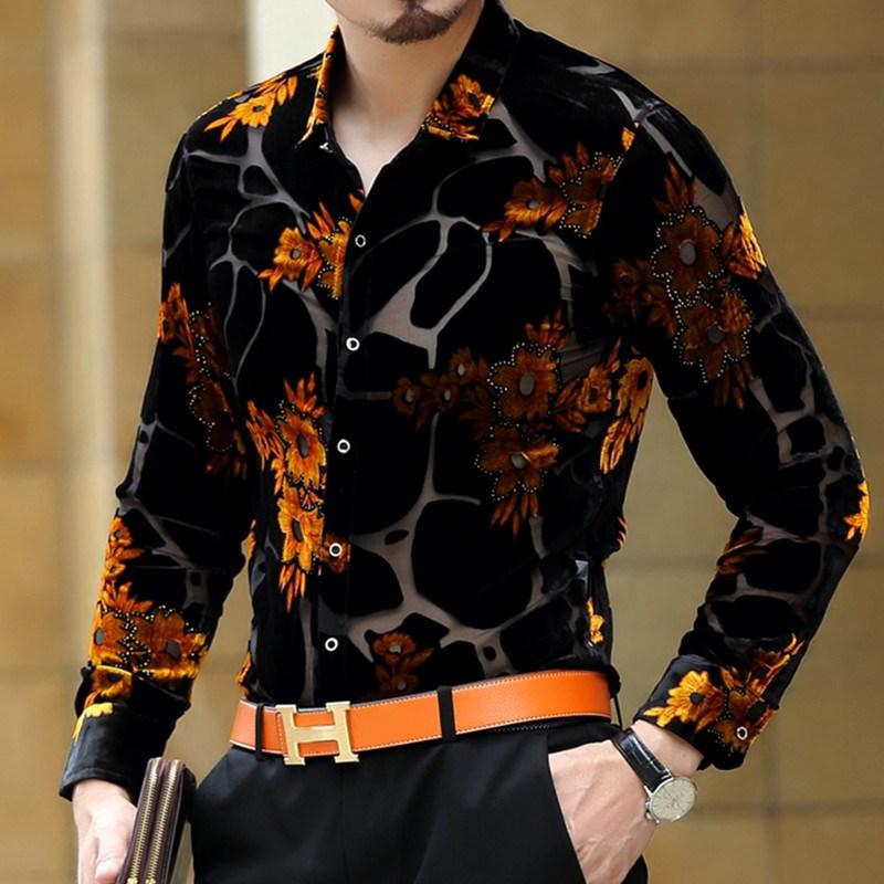 Men’s long-sleeve slim button-up shirt, black with orange floral print and front buttons