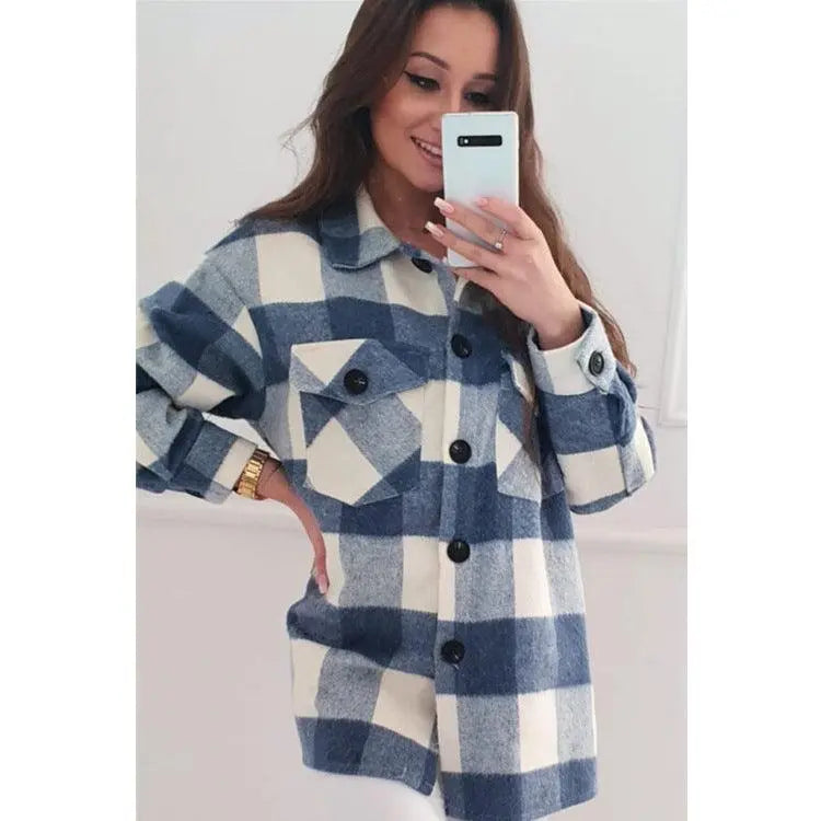 Blue plaid woolen long-sleeve jacket with button front and chest flap pockets