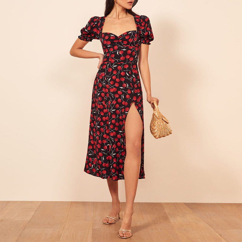 Slim Print Square Neck Slit Dress - WOMONA.COM