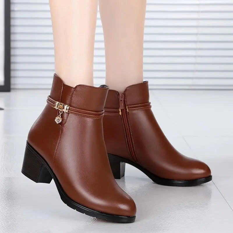 Brown ankle boots with thick block heel and side zip strap detail