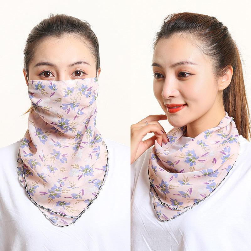 Floral silk neck scarf with face covering, light pink base and small flower-vine pattern