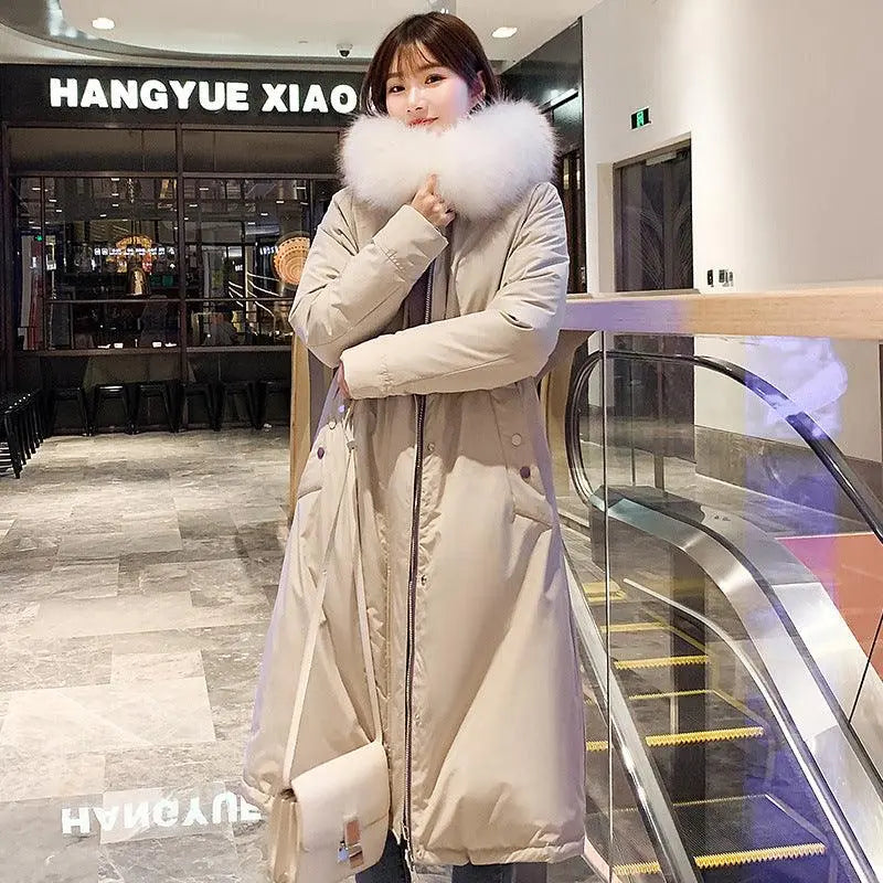Cream over-the-knee slim padded jacket with fur-trimmed hood and front button placket