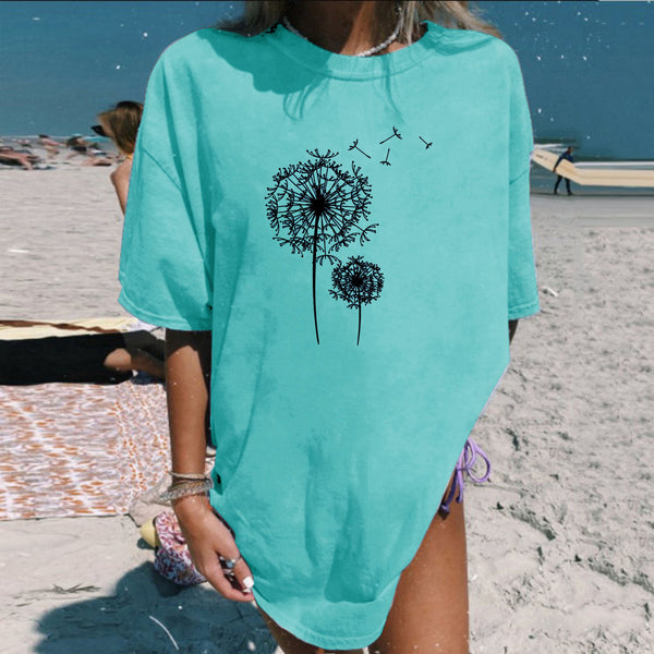Summer Plus Size Dandelion Printed Mid-length T-shirt - WOMONA.COM