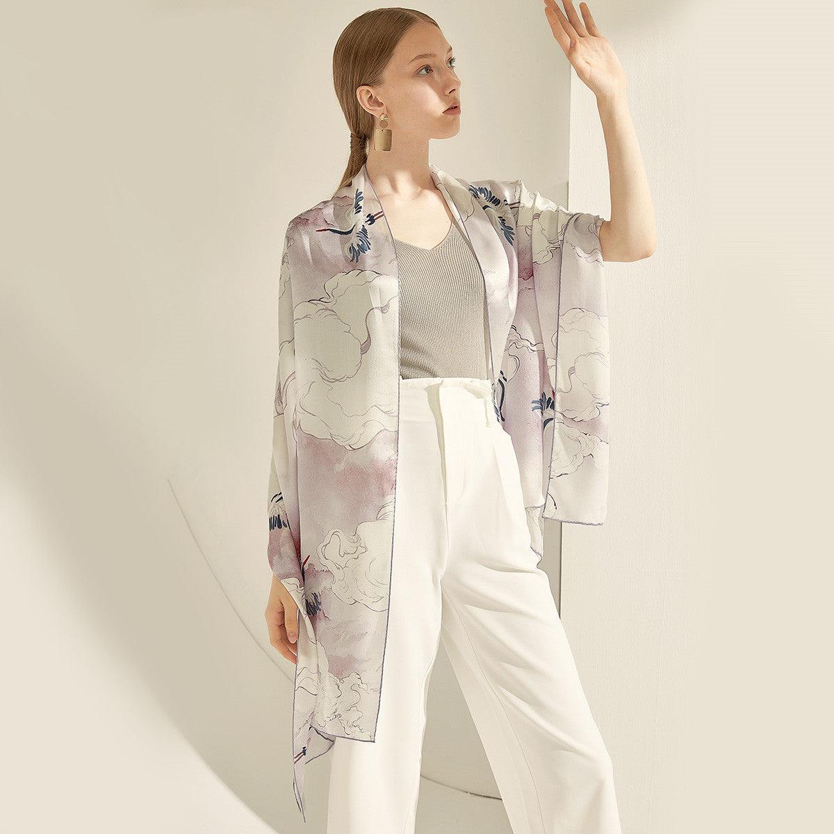 Silk scarf in pale tones with lilac and blue floral butterfly print, long lightweight drape