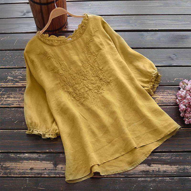 Fashion Cotton Plus Size Loose Embroidered T-shirt - WOMONA.COM