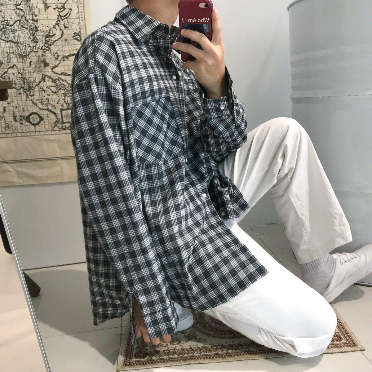 Plaid shirt jacket in dark green and white, button-up style with chest pocket