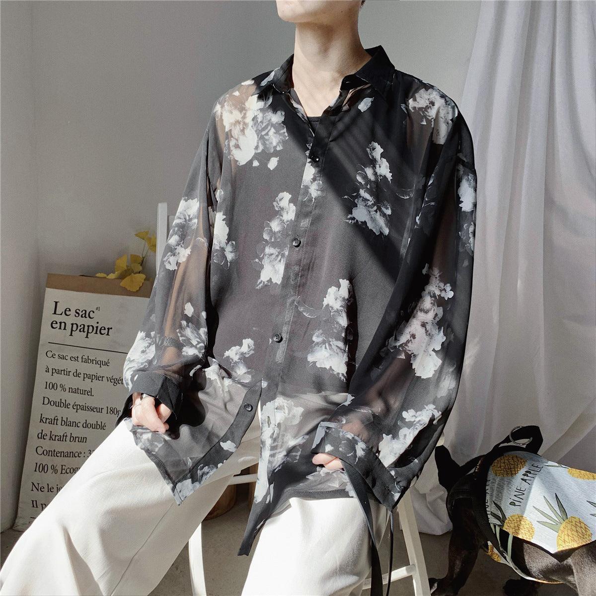 Youth loose floral button-up shirt in black with white blossom print
