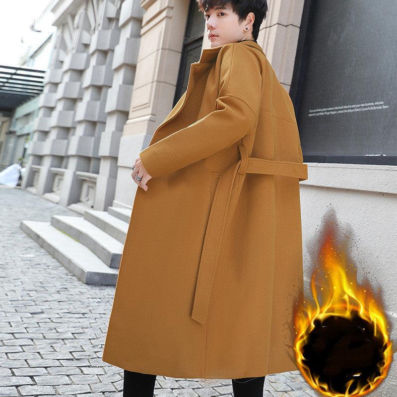 Camel long wool trench coat in three-quarter view, notched lapels and long sleeves