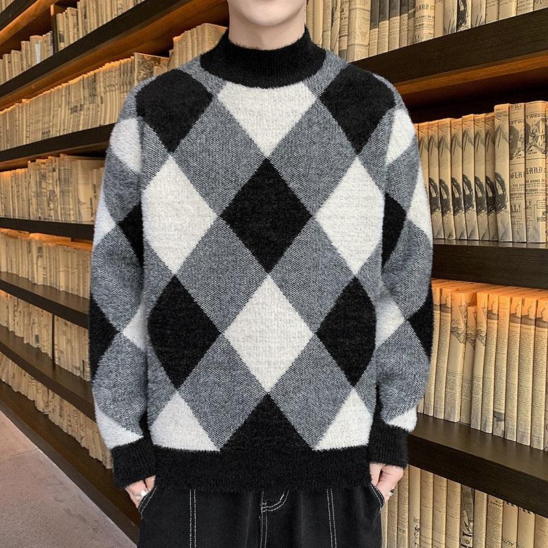 Men's half-turtleneck sweater in black, gray, and white argyle diamond knit pattern