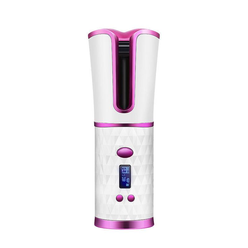 White and pink cordless hair curler iron with top clamp opening and button panel