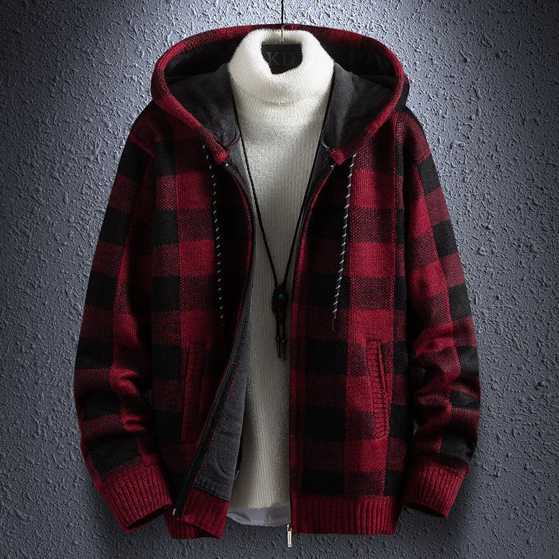 Red plaid hooded zipper jacket with knit cuffs and front pockets
