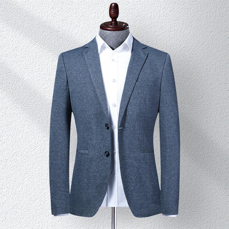 Men's blue knitted stretch blazer with notch lapels and two-button front