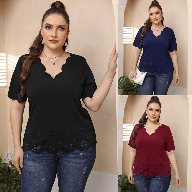 Ladies Plus Size Burnt Floral Hollow V T-Shirt - WOMONA.COM