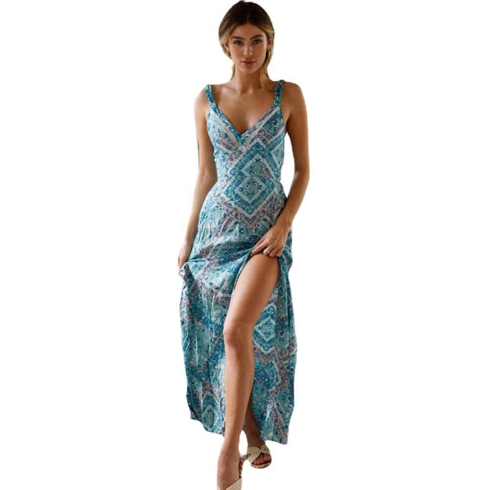 Sexy V-neck Printed Lace Slit Long dress - WOMONA.COM