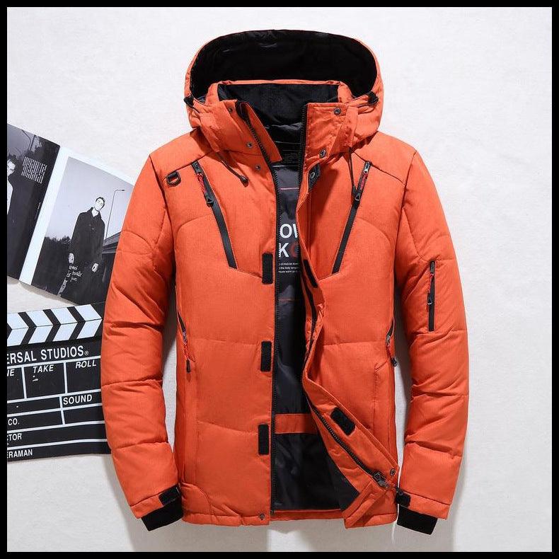 Men's down jacket in orange with hood, full-zip front, and side flap pockets